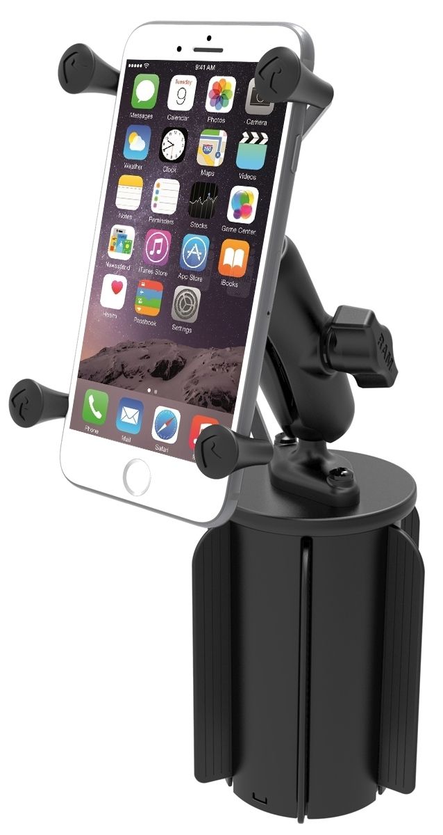 RAM Mounts X-Grip Fahrzeug-Halterung für Smartphones (Verbundstoff) - Bis 114,3 mm Breite - Mittlerer Verbindungsarm - Getränkehalter Basis (Durchmesser 65,27 mm bis 88,9 mm) - B-Kugel (1 Zoll) – Produktansicht