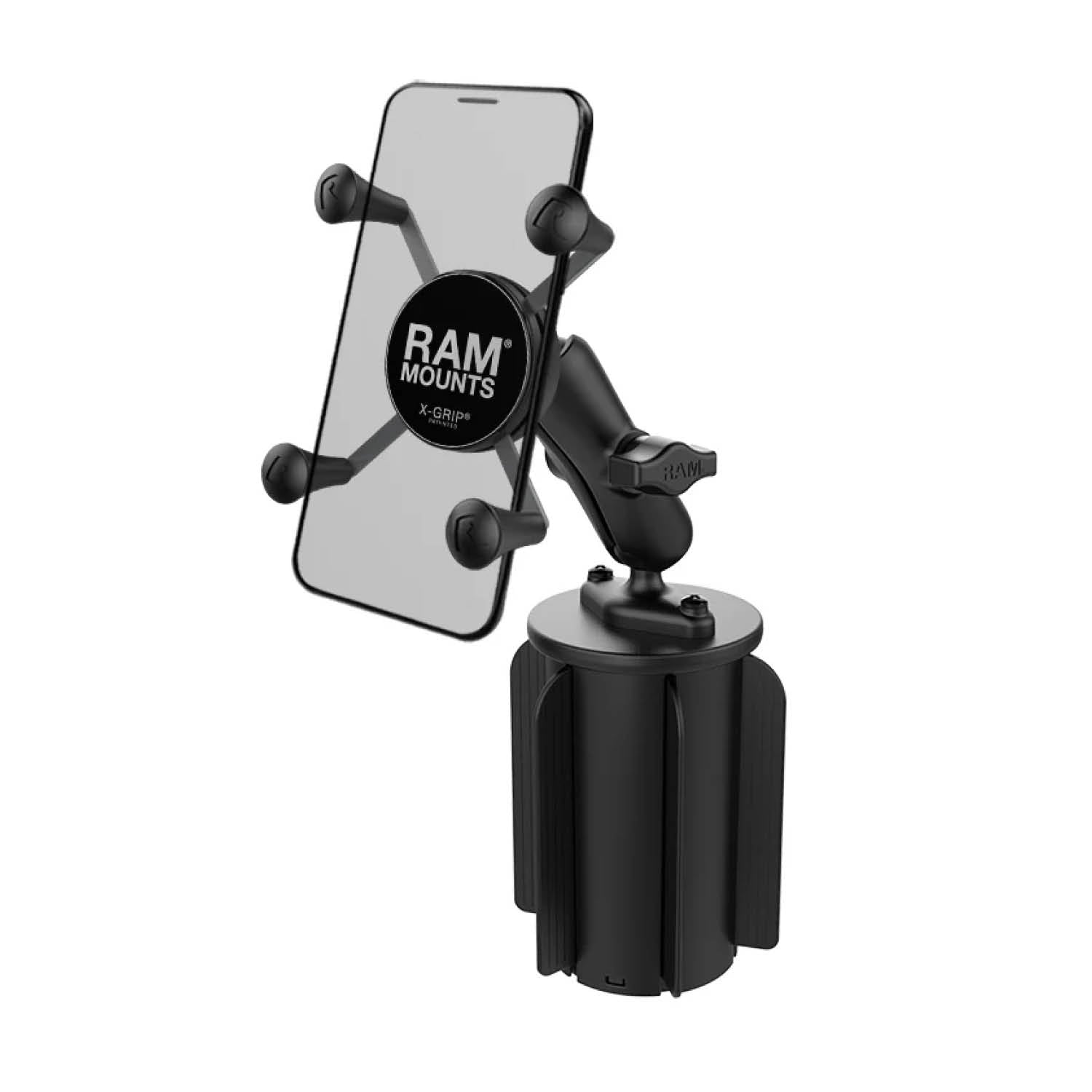 RAM Mounts X-Grip Fahrzeug-Halterung für Smartphones (Verbundstoff) - Bis 82,55 mm Breite - Mittlerer Verbindungsarm - Getränkehalter Basis (Durchmesser 65,27 mm bis 88,9 mm) - B-Kugel (1 Zoll) – Produktansicht