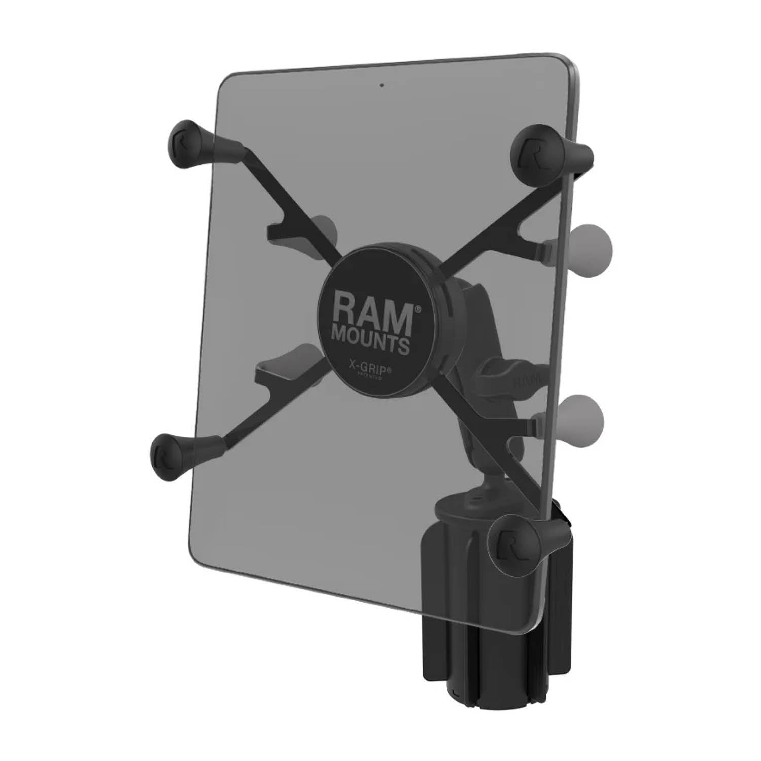 RAM Mounts X-Grip Fahrzeug-Halterung für 7-8 Zoll Tablets (Verbundstoff) - Bis 146,1 mm Breite - Mittlerer Verbindungsarm - Getränkehalter Basis (Durchmesser 65,27 mm bis 88,9 mm) - B-Kugel (1 Zoll) – Produktansicht