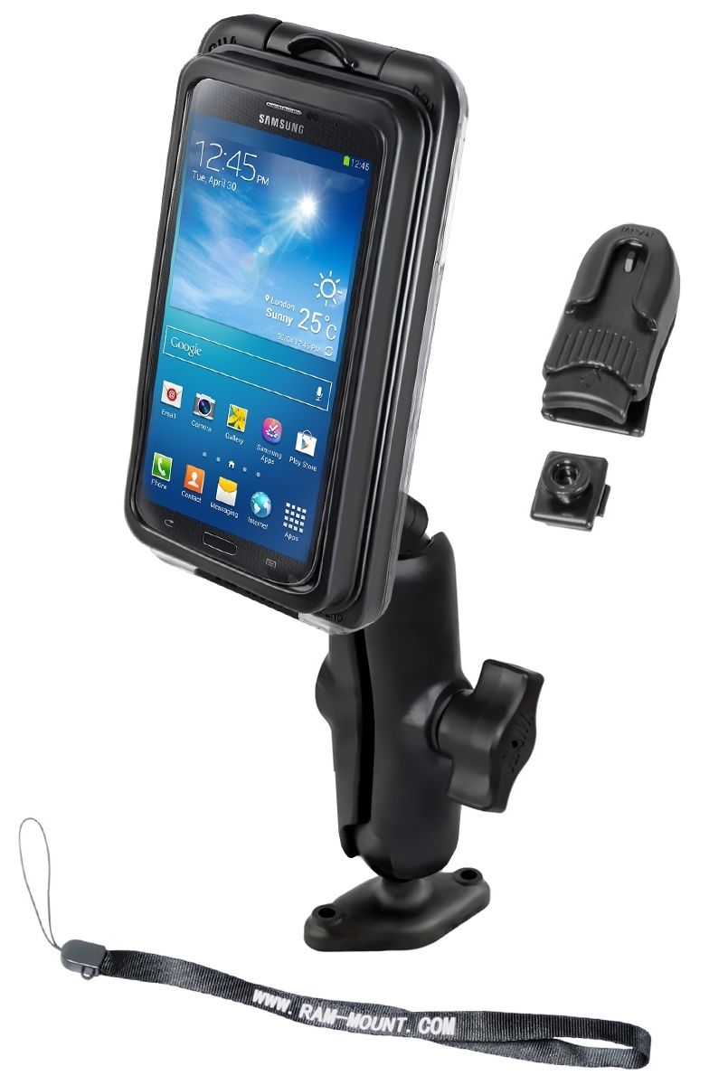 RAM Mounts Verbundstoff-Aufbauhalterung mit Aqua Box PRO 20 - Diamond Basisplatte (Trapez), mittlerer Verbindungsarm, B-Kugel (1 Zoll), Gürtel-Clip, Handschlaufe – Produktansicht