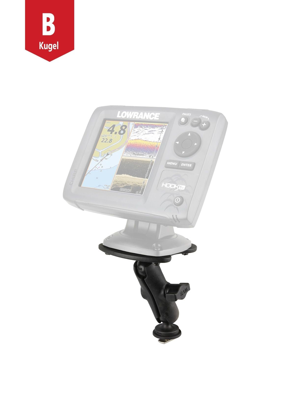 RAM Mounts Marine-Set Humminbird für Tough-Track Schienen - Kugel mit T-Slot, mittlerer Verbindungsarm, Adapterplatte, B-Kugel (1 Zoll), im Polybeutel – Produktansicht
