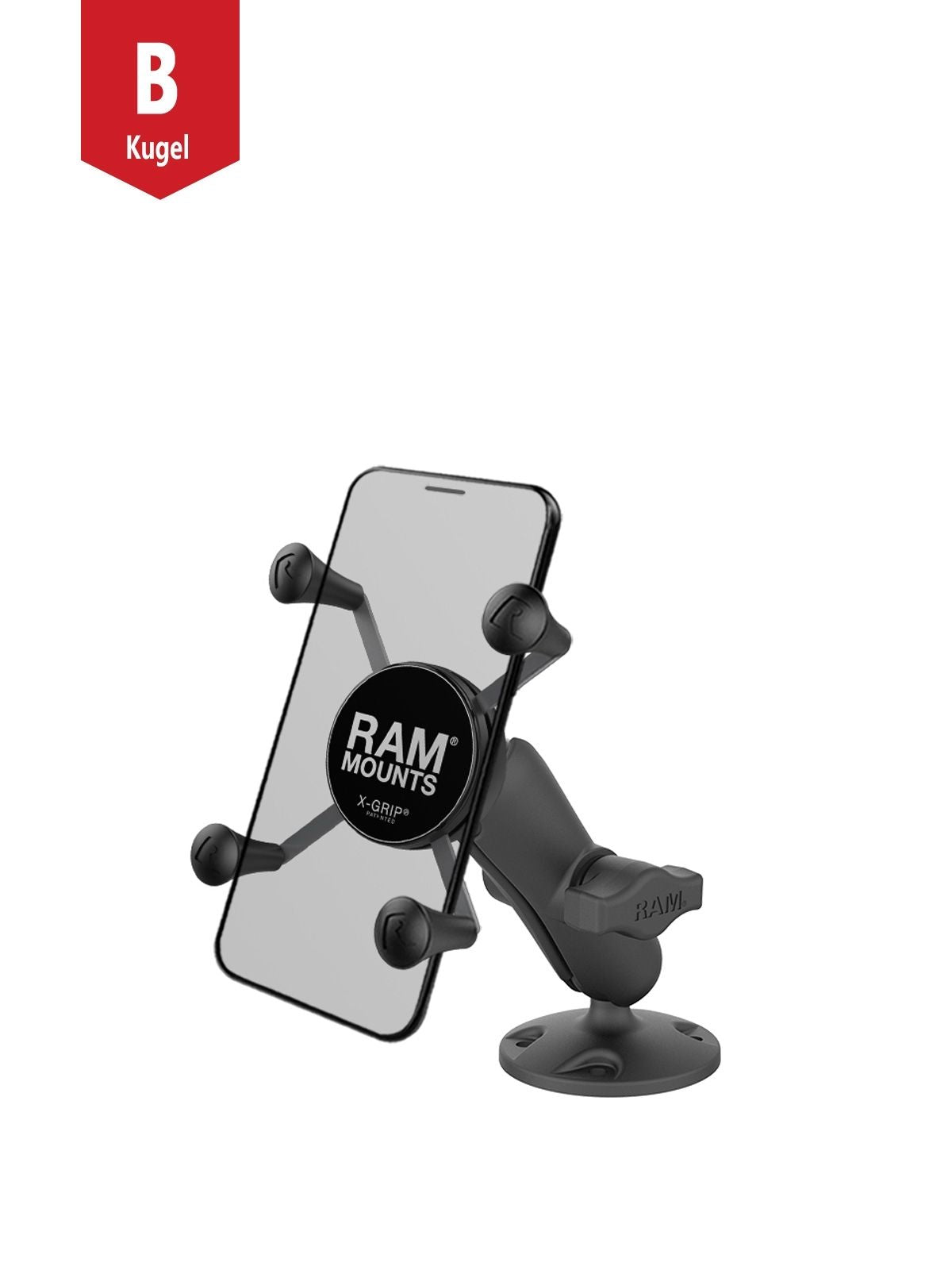 RAM Mounts X-Grip Aufbauhalterung für Smartphones (Verbundstoff) - Bis 82,55 mm Breite - Mittlerer Verbindungsarm - Runde Basisplatte (AMPS) - B-Kugel (1 Zoll) - Schrauben-Set – Produktansicht