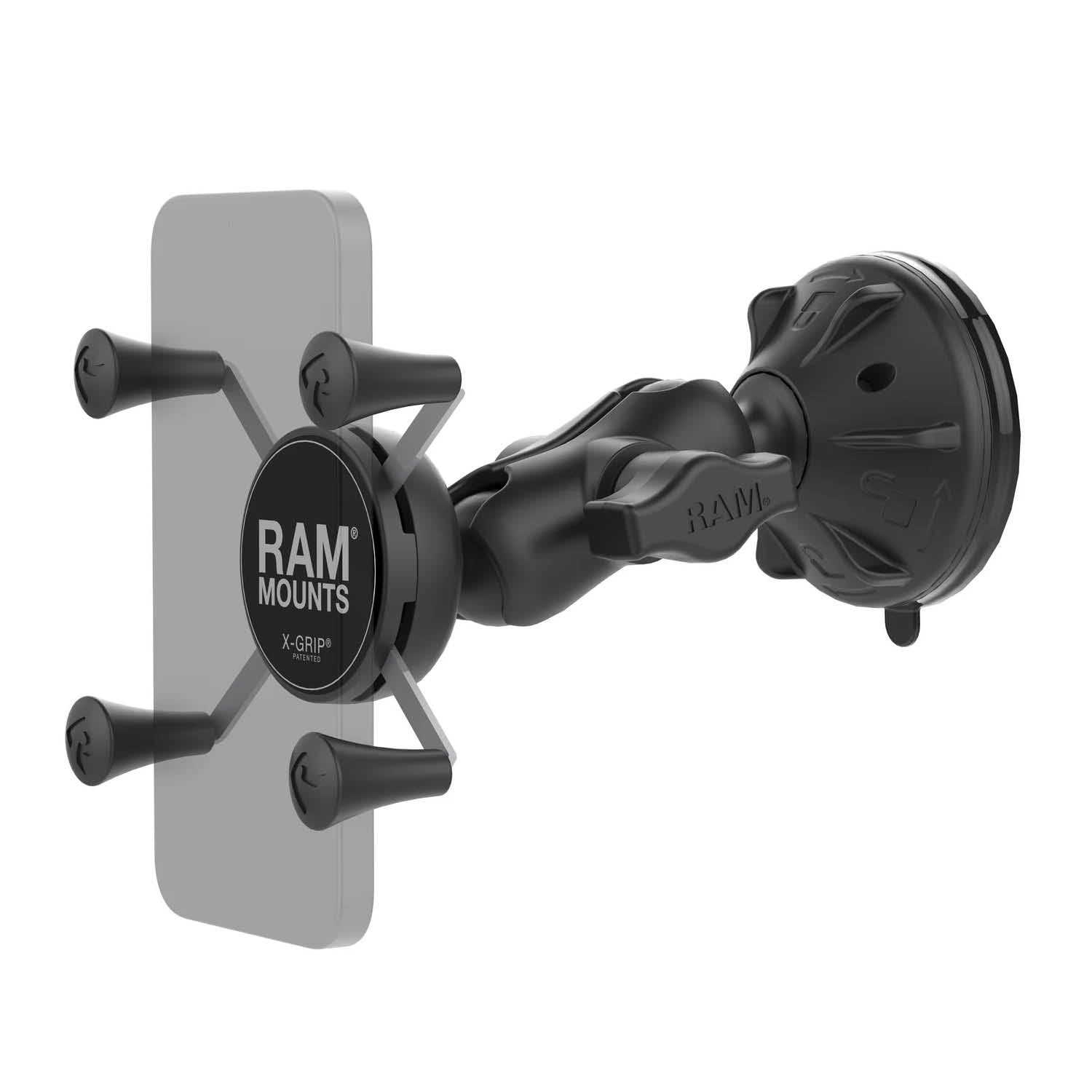 RAM Mounts X-Grip Saugfuß-Halterung für Smartphones (Verbundstoff) - Bis 82,55 mm Breite - Kurzer Verbindungsarm - Twist-Lock Saugfuß - B-Kugel (1 Zoll) – Produktansicht