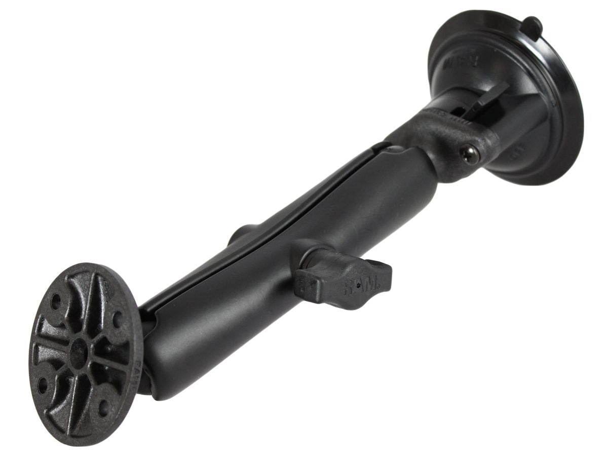 RAM Mounts Verbundstoff Saugfuss-Set mit runder Anbindung - langer Verbindungsarm (Aluminium), Diamond-Basisplatte (Trapez), runde Basisplatte, B-Kugel (1 Zoll) – Produktansicht