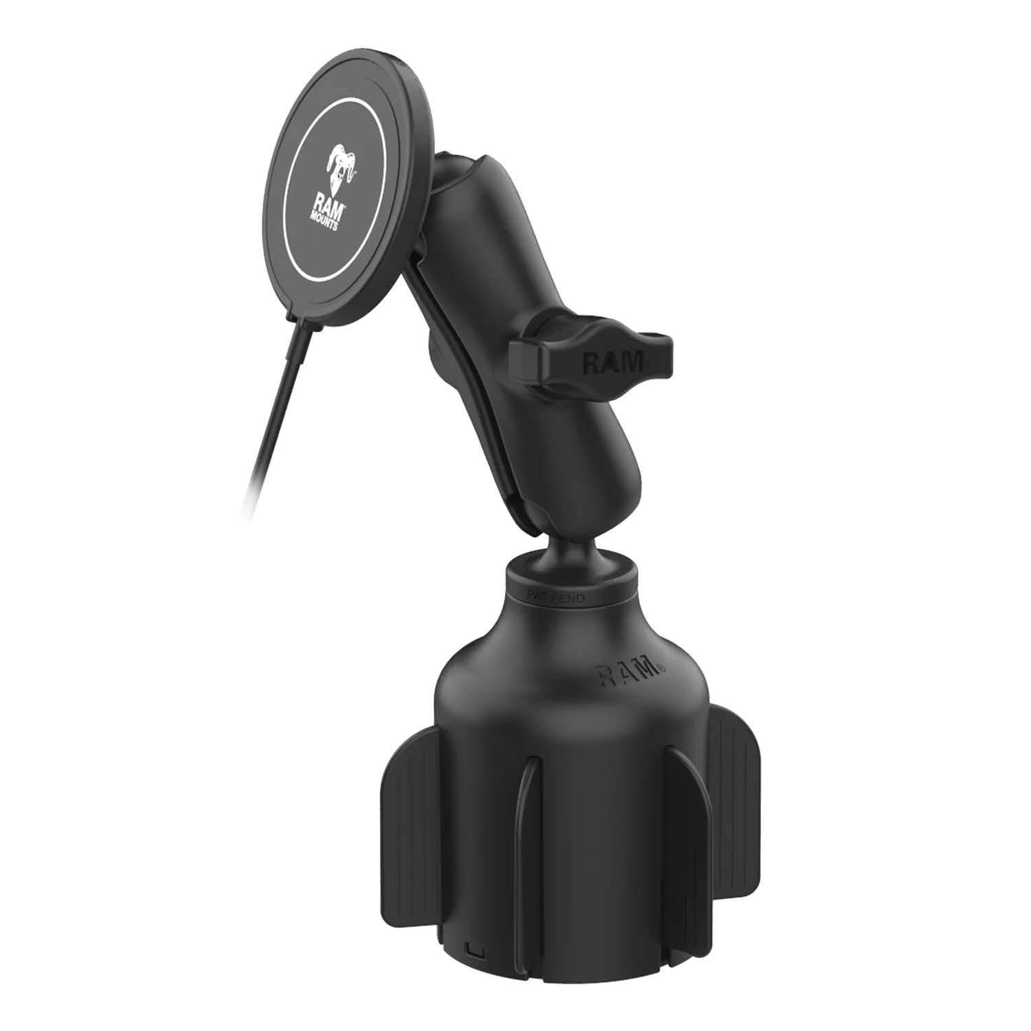 RAM Mounts Fahrzeug-Halterung inkl. Qi2 15W Wireless Charger - B-Kugel (1 Zoll), Basis für Getränkehalter, mittlerer Verbindungsarm – Produktansicht