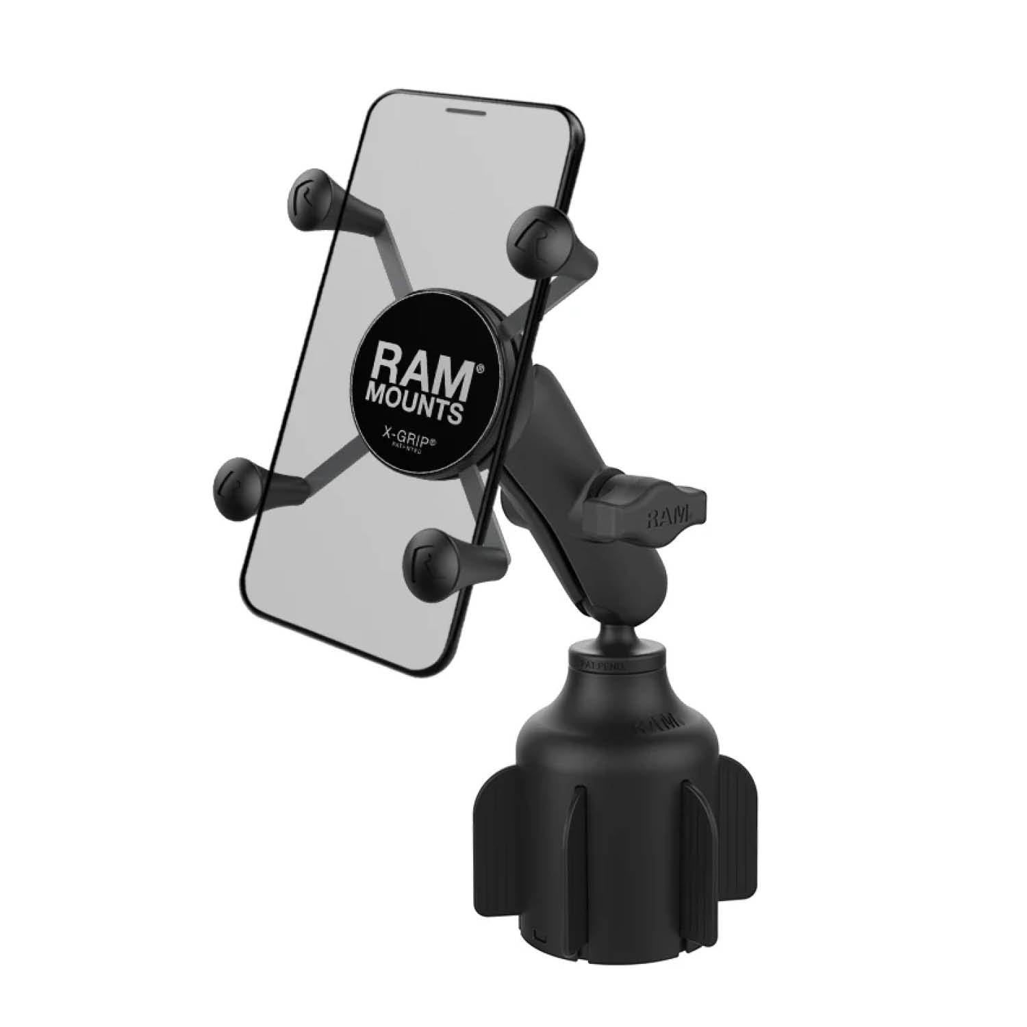 RAM Mounts X-Grip Fahrzeug-Halterung für Smartphones (Verbundstoff) - Bis 82,55 mm Breite - Mittlerer Verbindungsarm - Getränkehalter Basis (Durchmesser 65,27 mm bis 88,9 mm) - B-Kugel (1 Zoll) – Produktansicht