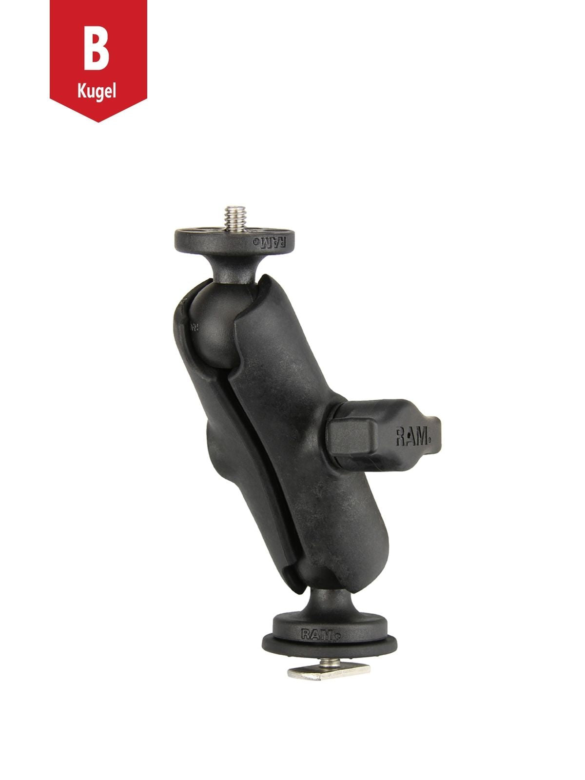 RAM Mounts Set für Tough-Track Schienen - Kugel mit T-Slot, mittlerer Verbindungsarm, Kugel mit 1/4"-20 Gewindestift, B-Kugel (1 Zoll), im Polybeutel – Produktansicht