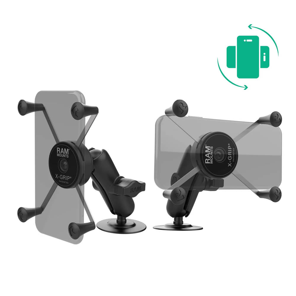 RAM Mounts X-Grip Aufbau-Klebehalterung mit Rotation für Smartphones (Verbundstoff) - Bis 114,3 mm Breite - Mittlerer Verbindungsarm - Runde Klebebasis - B-Kugel (1 Zoll) – Produktansicht