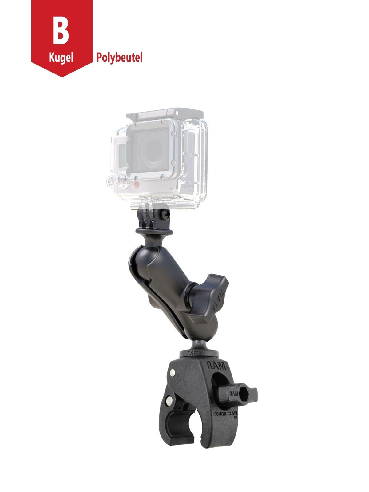 RAM Mounts Tough-Claw Kamerahalterung GoPro - B-Kugel (1 Zoll), Tough-Claw klein (Durchmesser 15,9-29,0 mm), mittlerer Verbindungsarm (ca. 90 mm) – Produktansicht