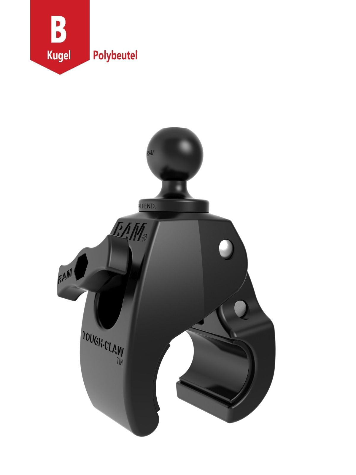 RAM Mounts Tough-Claw Halteklammer (mittel) mit Feststellschraube - B-Kugel (1 Zoll), Durchmesser 25,4-40,6 mm – Produktansicht