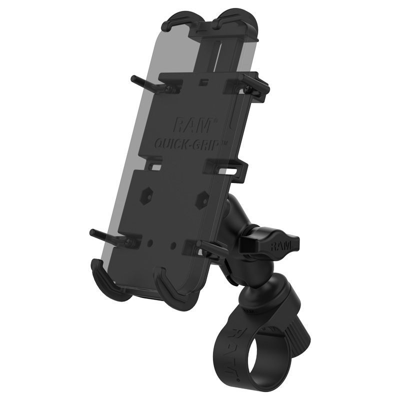 RAM Mounts Quick-Grip XL Universalhalterung-Set für Lenker und Rohre - B-Kugel (1 Zoll) - Tough-Strap (22,22 - 35,05 mm Klemmbereich) - Kurzer Verbindungsarm (ca. 61,46 mm) - Trapez Basisplatte (AMPS 2-Lochmuster) – Produktansicht