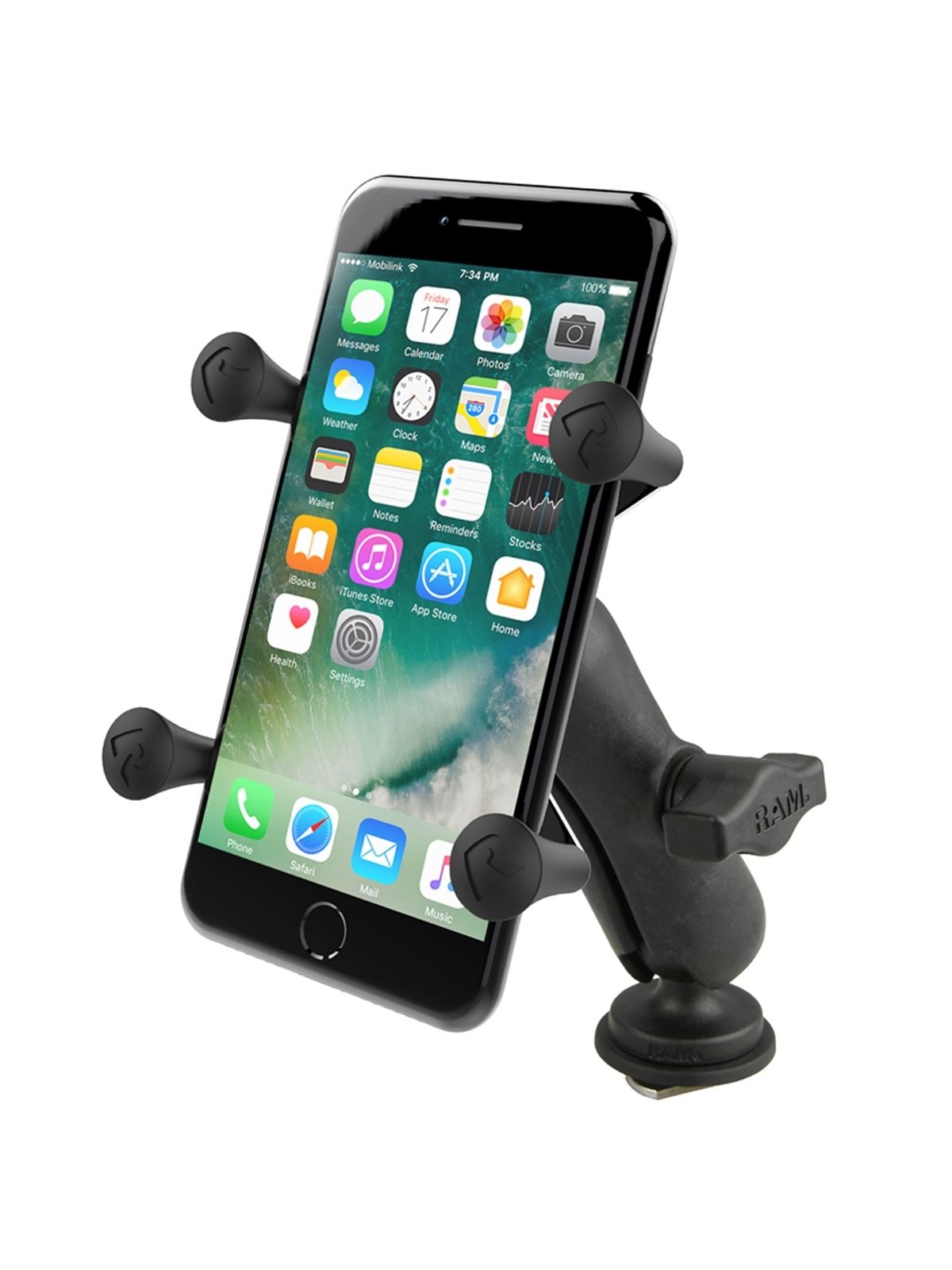 RAM Mounts Universal X-Grip-Set Smartphones für Tough-Track Schienen - Kugel mit T-Slot, mittlerer Verbindungsarm, X-Grip Halteklammer für Smartphones, B-Kugel (1 Zoll) – Produktansicht