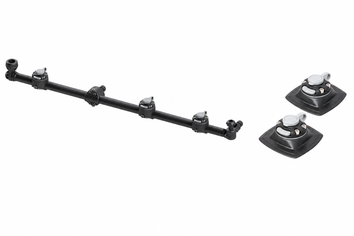 Set: Fasten seitliche Reling+ 2 x Halterung [PVC Basis] (110x110mm), Bellyboot – Schwarz, weißer Hintergrund