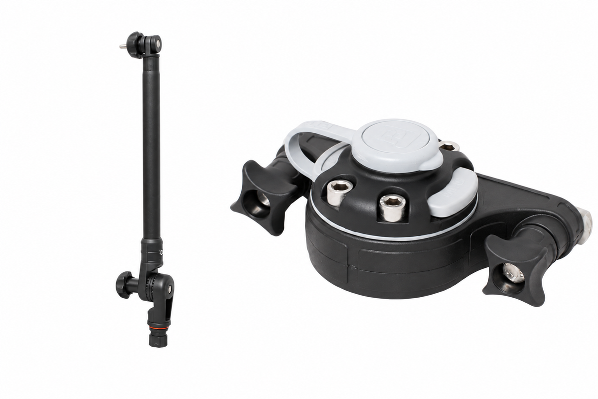 Set: Fasten Geberstange (300mm) + Halterung [C-Shaped Basis] Vertikal für Kajaks – schwarz/alu-schwarz, weißer Hintergrund
