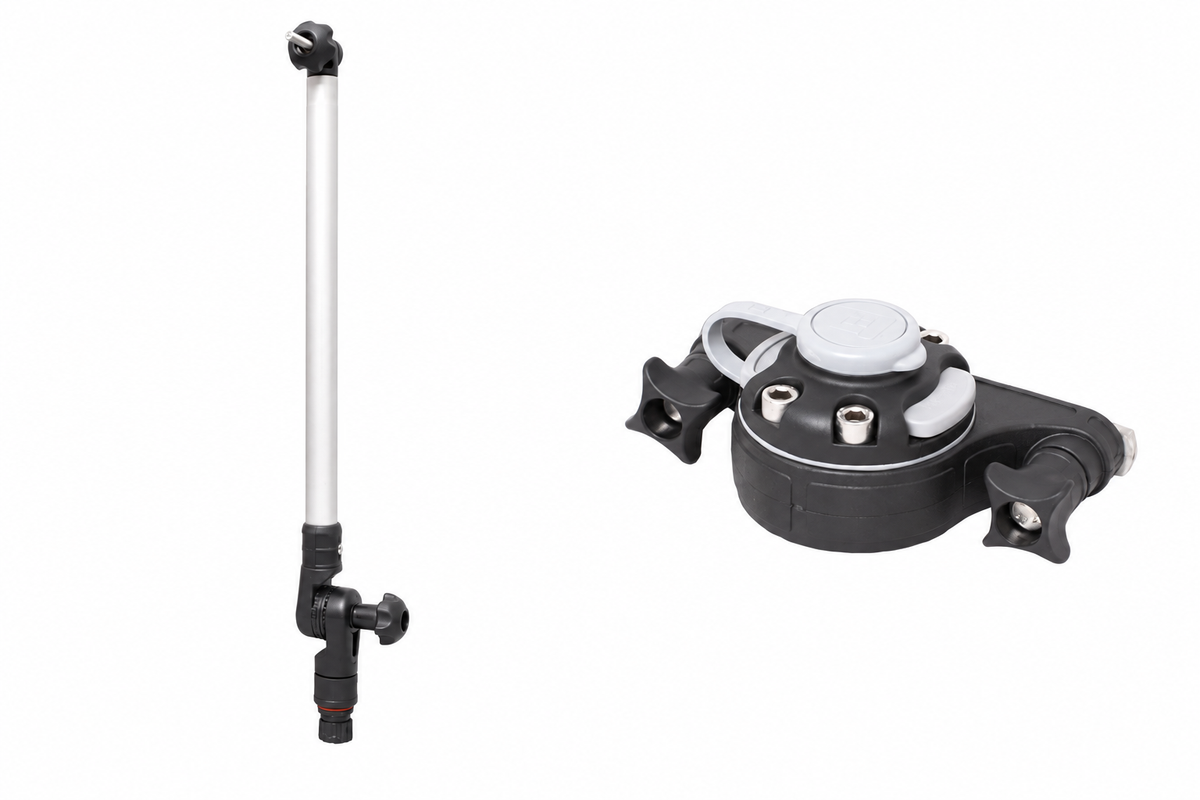 Set: Fasten Geberstange (400mm) + Halterung [C-Shaped Basis] Vertikal für Kajaks – schwarz/alu-silber, weißer Hintergrund