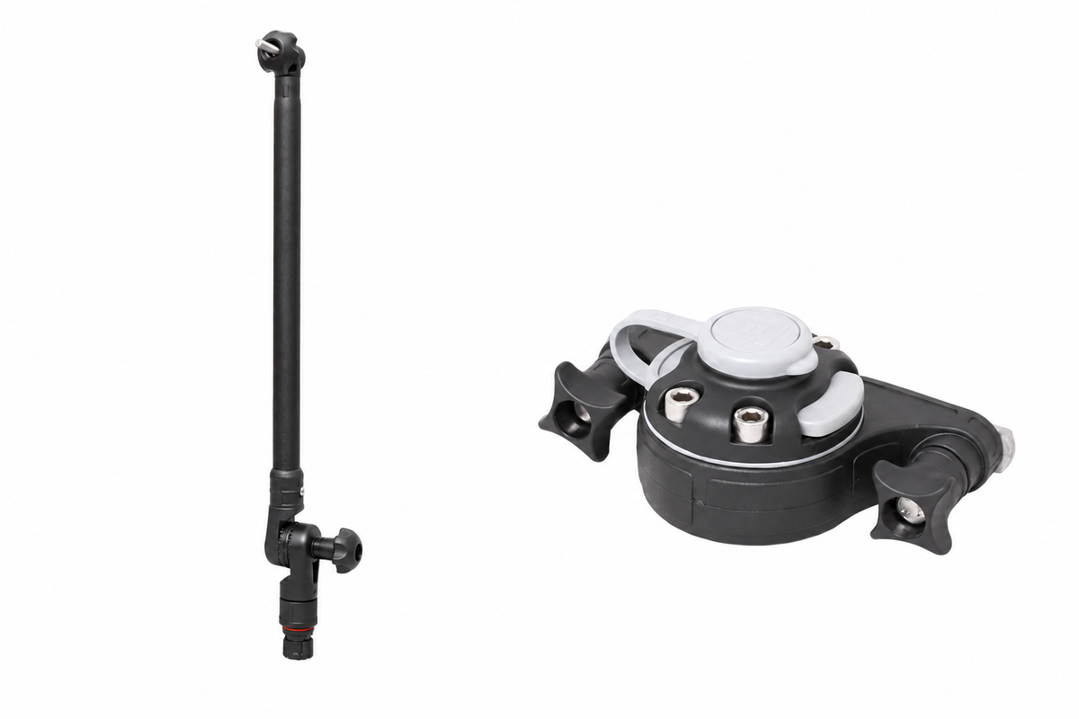 Set: Fasten Geberstange (400mm) + Halterung [C-Shaped Basis] Vertikal für Kajaks – schwarz/alu-schwarz, weißer Hintergrund