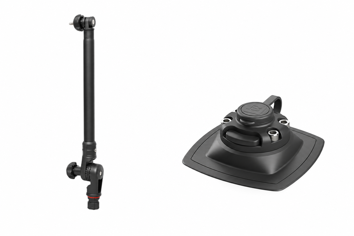 Set: Fasten Geberstange (300mm) + Halterung [PVC Basis] (110x110 mm) Belly-Boot – Total Black/alu-schwarz, weißer Hintergrund